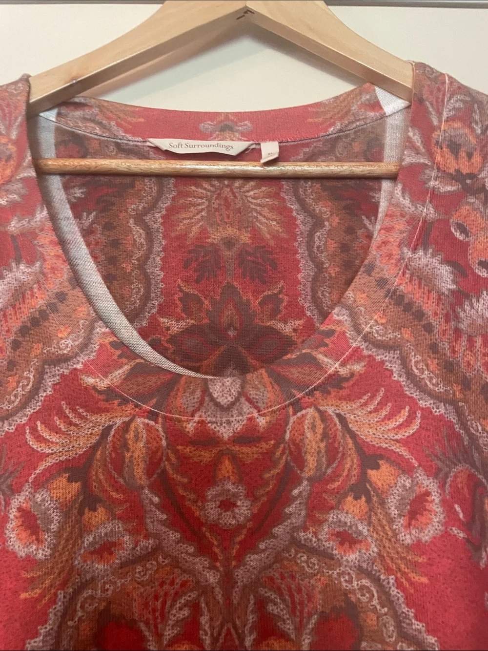 Soft Surroundings Red Paisley-Print Long Sleeve Scoop Neck Top—Size XL